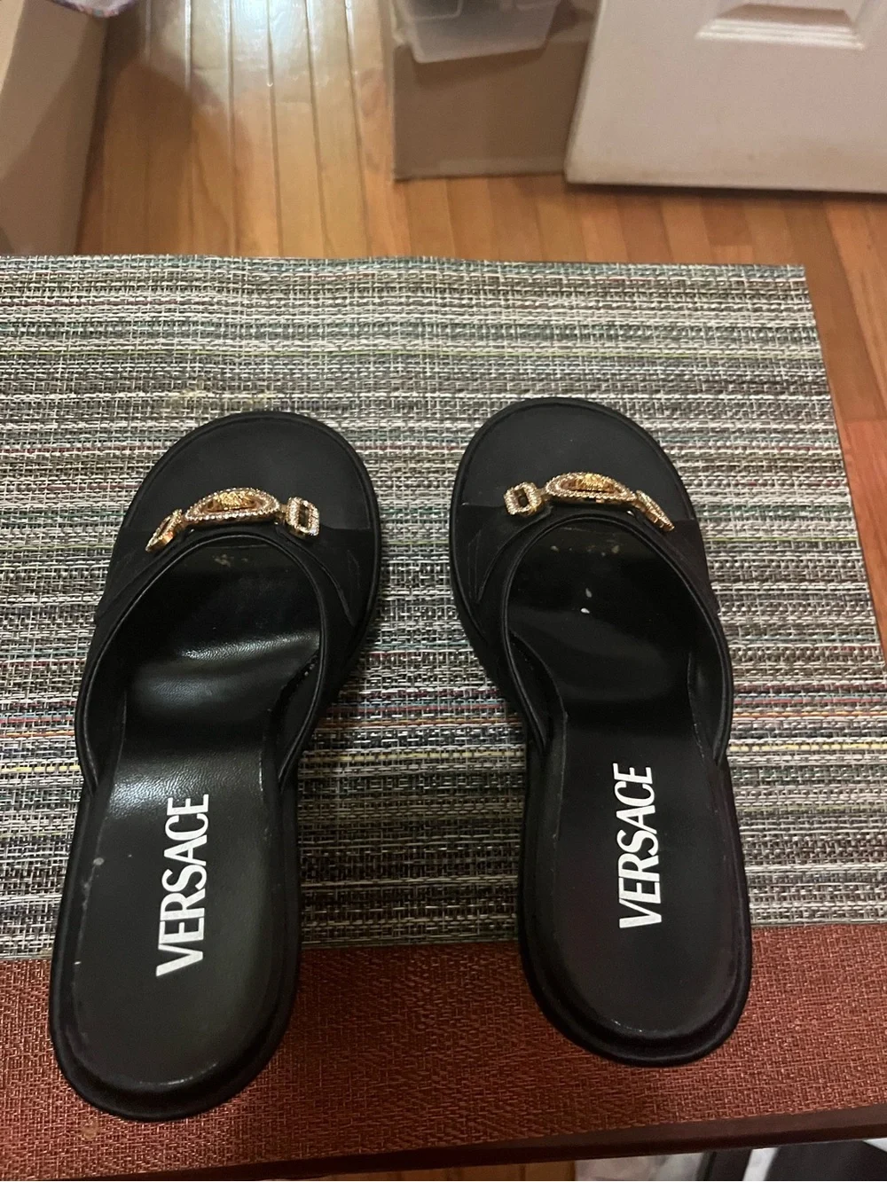 Versace Black Platform Slide Sandals with Gold Medallion Accent - Picture 7 of 8
